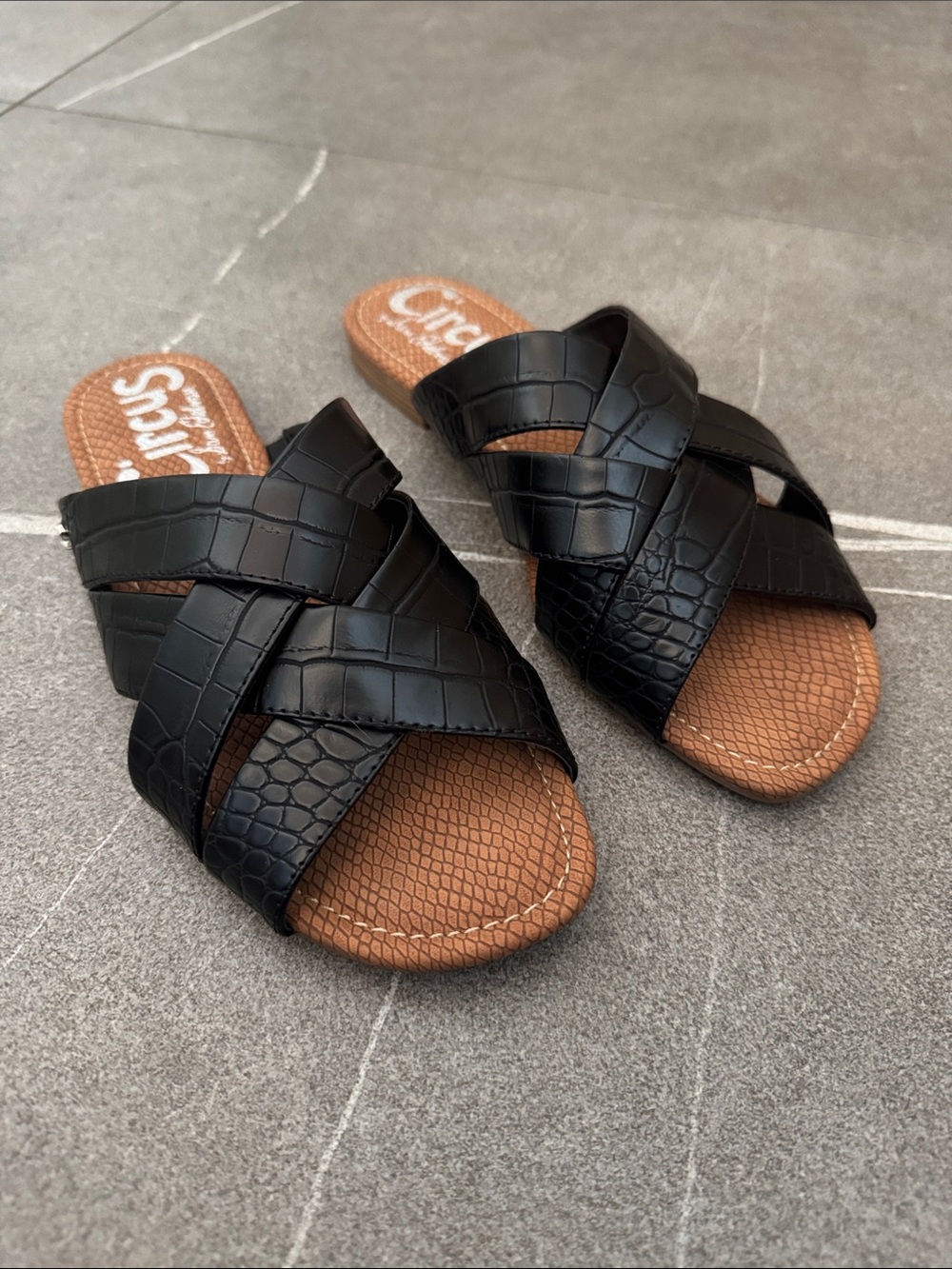 Circus by Sam Edelman Black Croc-Embossed Crisscross Slide Sandals